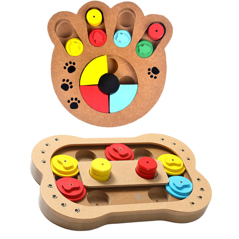 Wooden Dog Puzzle Feeder Toy – Bone & Paw Print Slow Feed Enrichment Toy