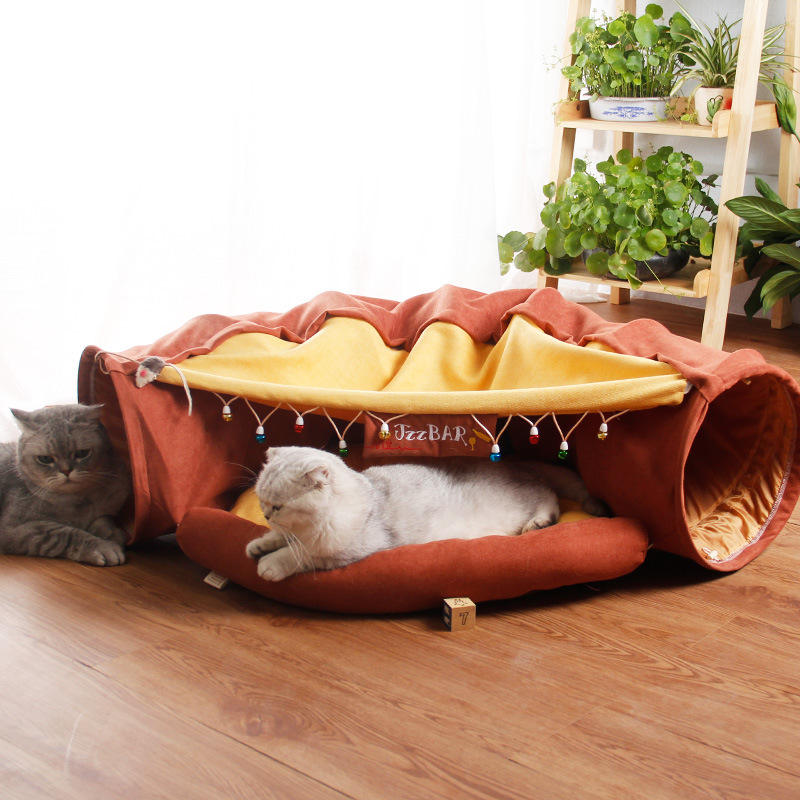 Foldable Cat Tunnel & Bed – Detachable Cat Play Tube, Villa & Hideaway