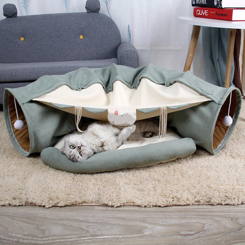 Foldable Cat Tunnel & Bed – Detachable Cat Play Tube, Villa & Hideaway