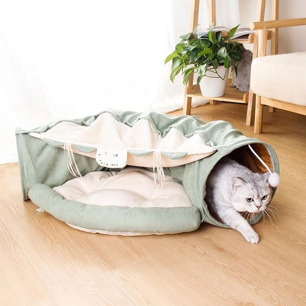 Foldable Cat Tunnel & Bed – Detachable Cat Play Tube, Villa & Hideaway