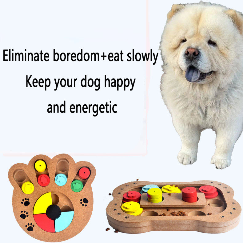 Wooden Dog Puzzle Feeder Toy – Bone & Paw Print Slow Feed Enrichment Toy