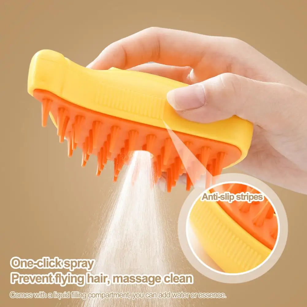Banana-Shaped Steamy Pet Grooming Brush – Steam Hair Removal & Massage Brush for Cats & Dogs