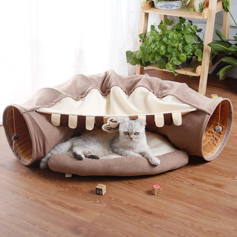 Foldable Cat Tunnel & Bed – Detachable Cat Play Tube, Villa & Hideaway